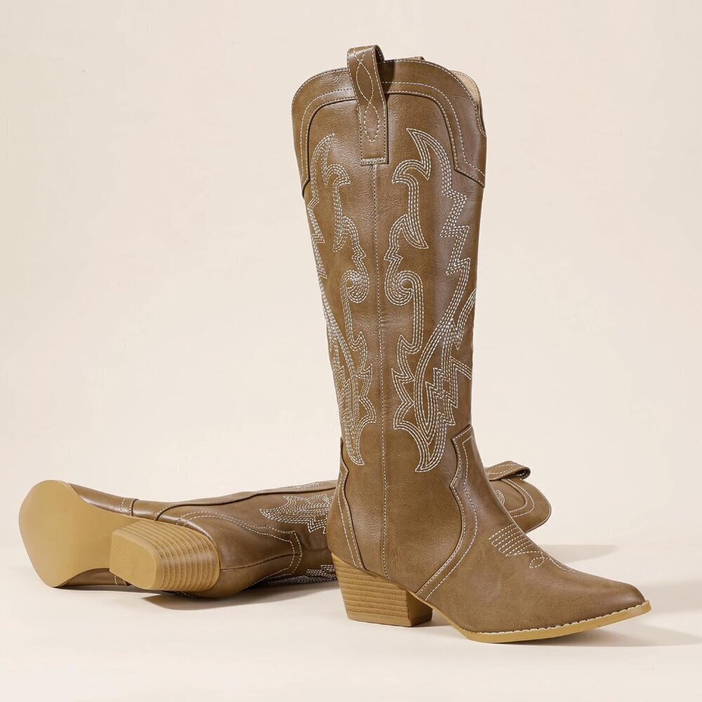 Women's Tan Cowgirl Knee High Western Tall Boot Chunky Low Pointed Toe Booties - Picture 6 of 6